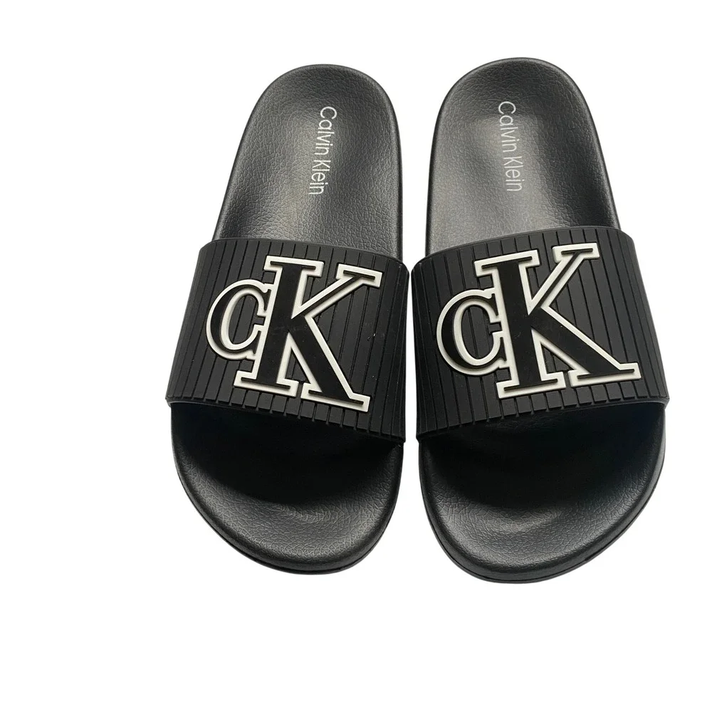 Calvin Klein Malonzo-C Ribbed Mens Black CK Logo‎ Slide Sandals Size 9 NWOT